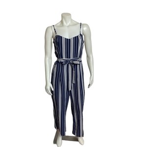 Papillon - navy/white striped jumpsuit with matching self-tie belt. Medium
